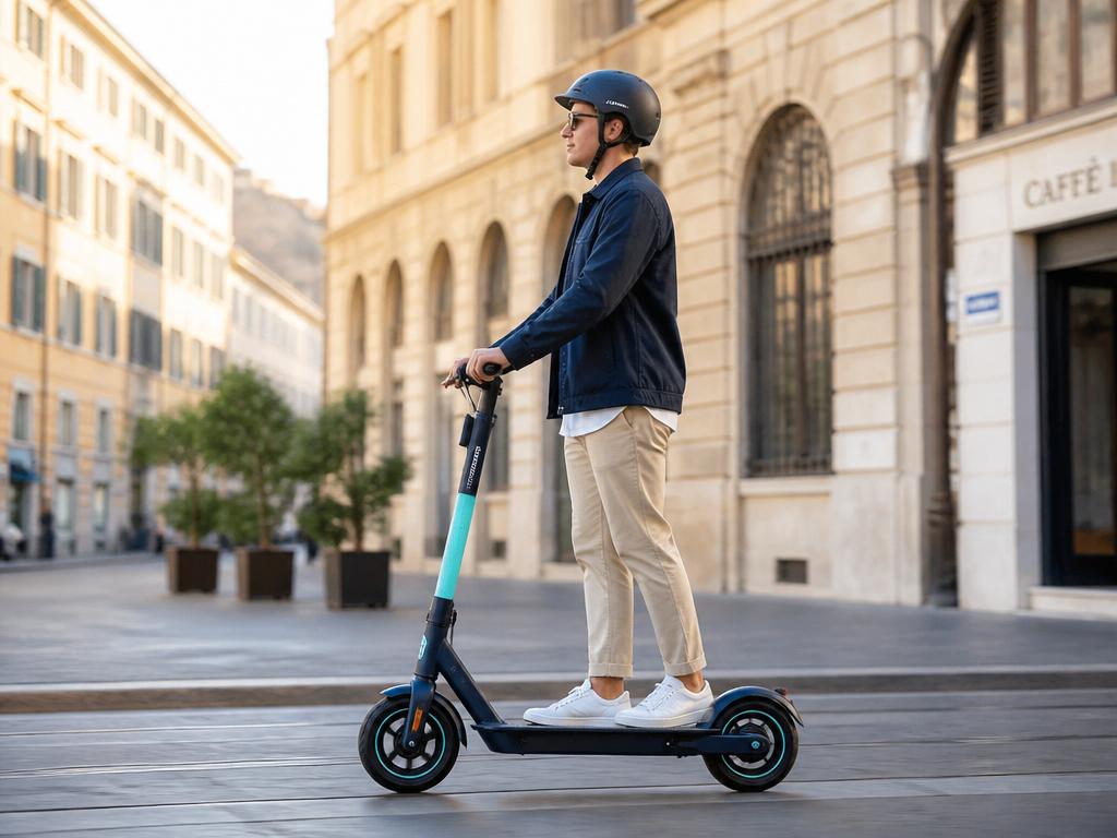 Persona in piedi su un monopattino elettrico in città, coperta da assicurazione RCA